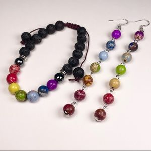 Beaded stone beads macrame chakras bracelet and earrings set